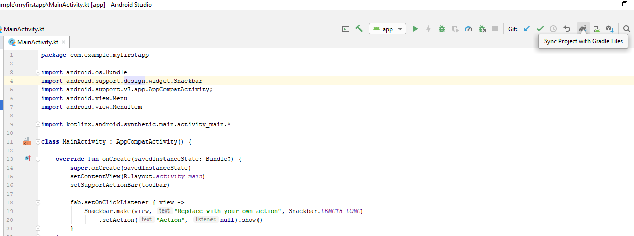 the option to sync the project with the Gradle files