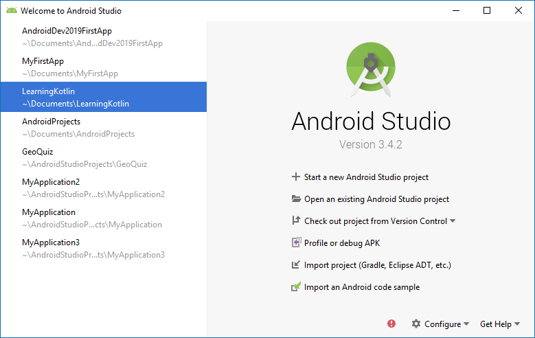 the Android Studio welcome screen from where we can import an Android code sample