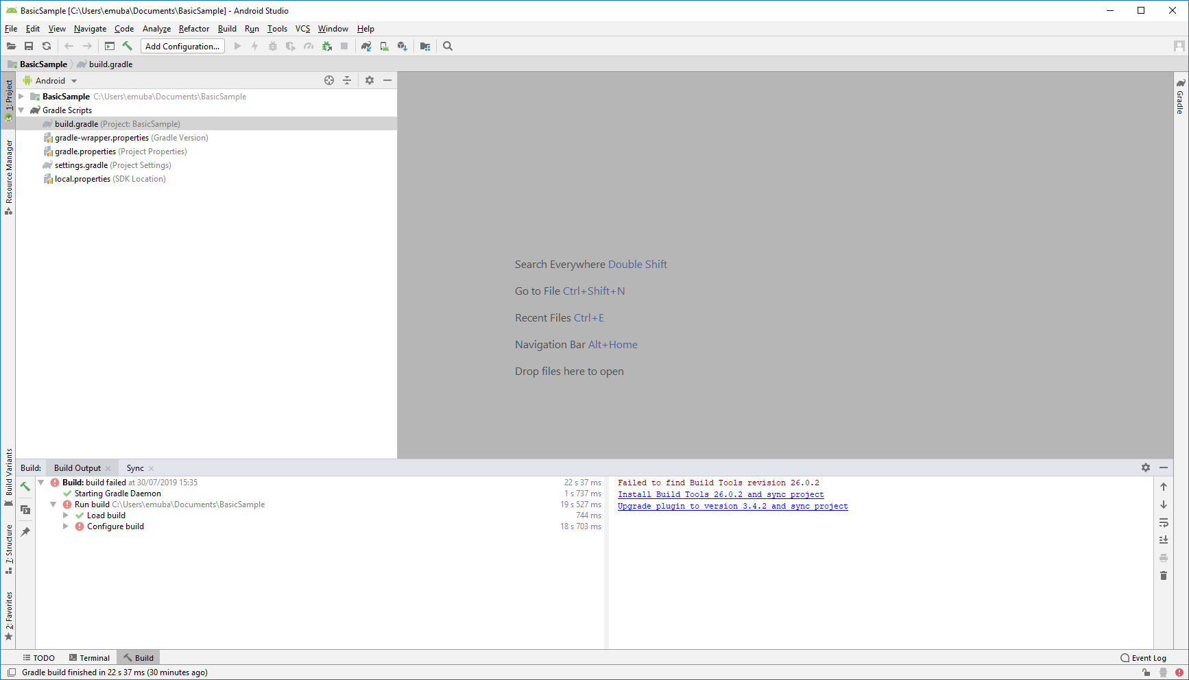 two error conditions that appeared after the Gradle daemon was restarted