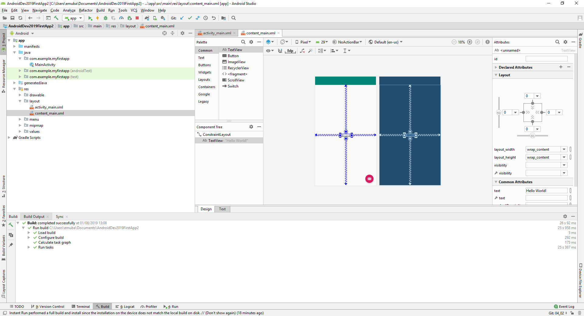 the content_main.xml layout file shown in design view