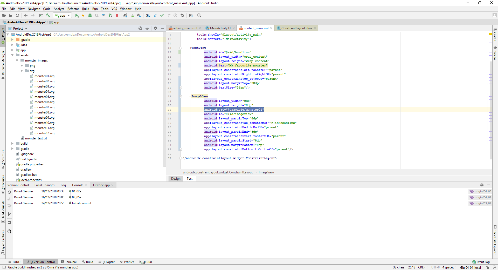 Android Studio with Project scope selected showing the monster images (on the left) in the assets folder