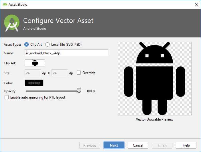 the new Vector Asset wizard