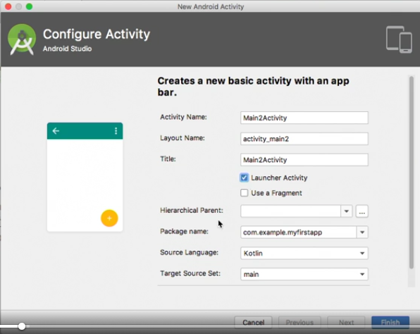 the new activity wizard