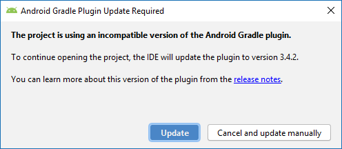 dialog box reporting a discrepancy with the Gradle plugin version number