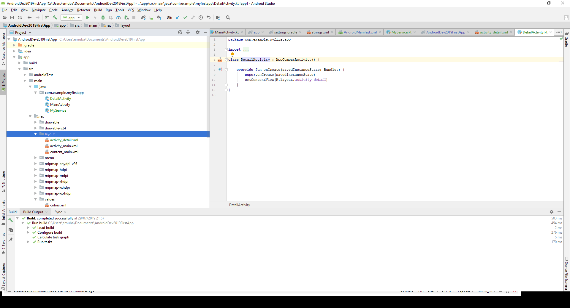 Android Studio snapshot displaying the file locations for our new active and service classes and the activity xml file