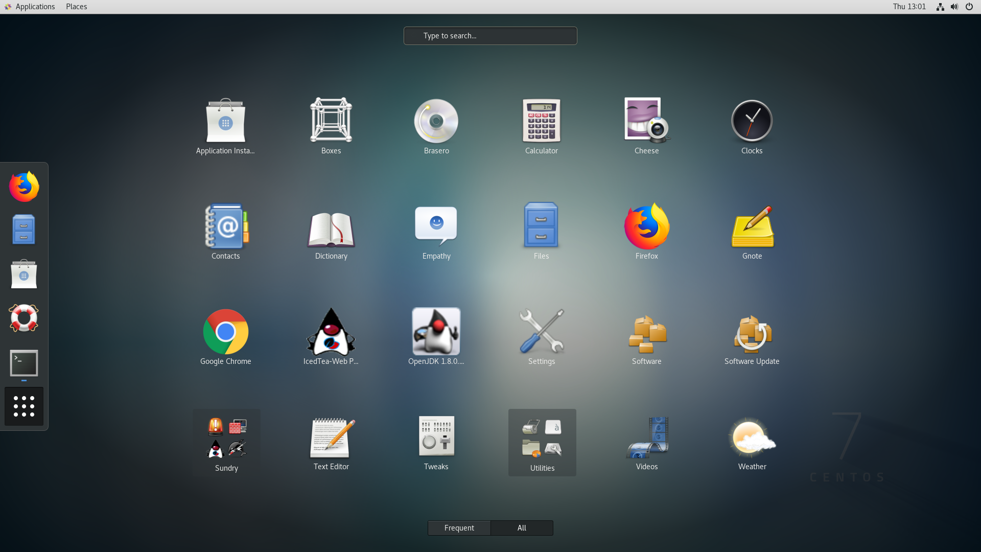 the CentOS desktop in overview mode having clicked the icon on the left to display all applications
