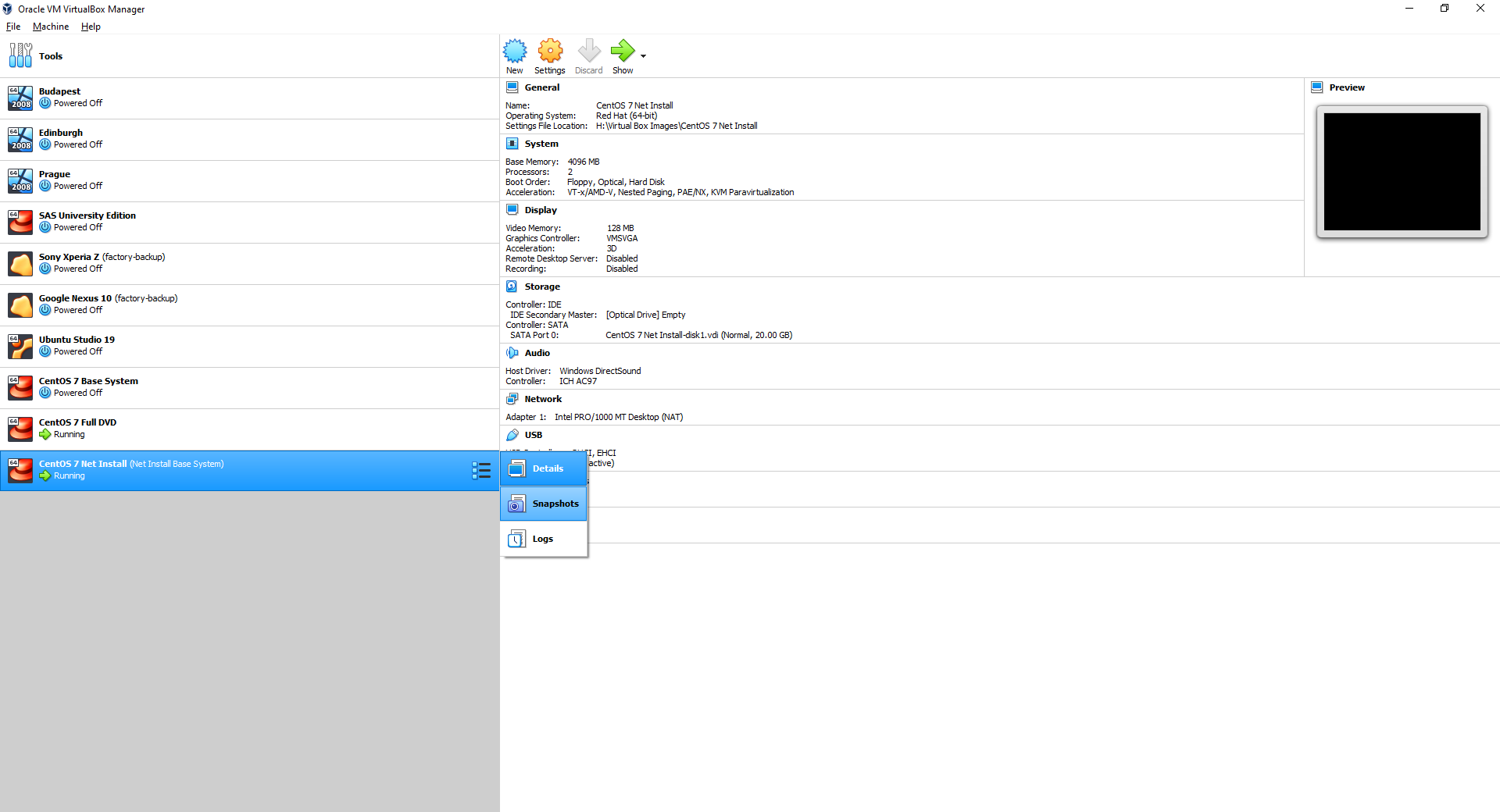 the drop down menu which can be accessed for any VM in the left-hand pane in the VirtualBox manager