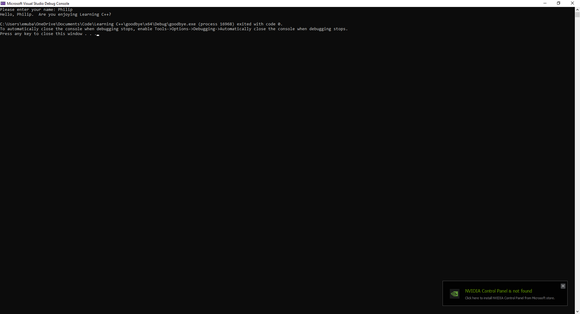 Output from my solution to the Console Interaction challenge