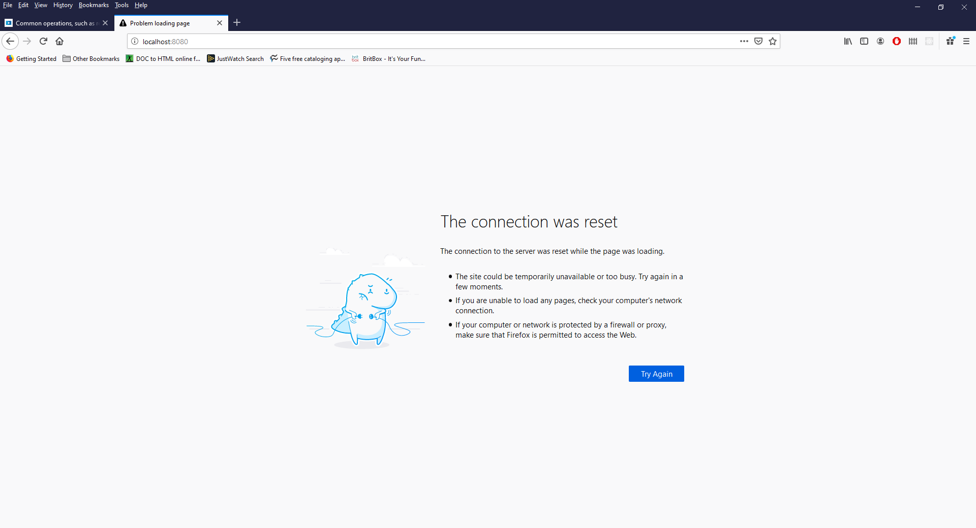 The error message we see when trying to access the web page served up by the Ubuntu machine when Apache is stopped