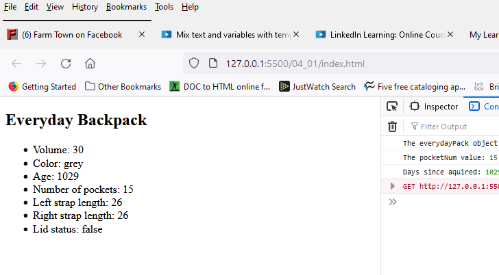 The backpack object displayed in our HTML page with the values from the backpack object
