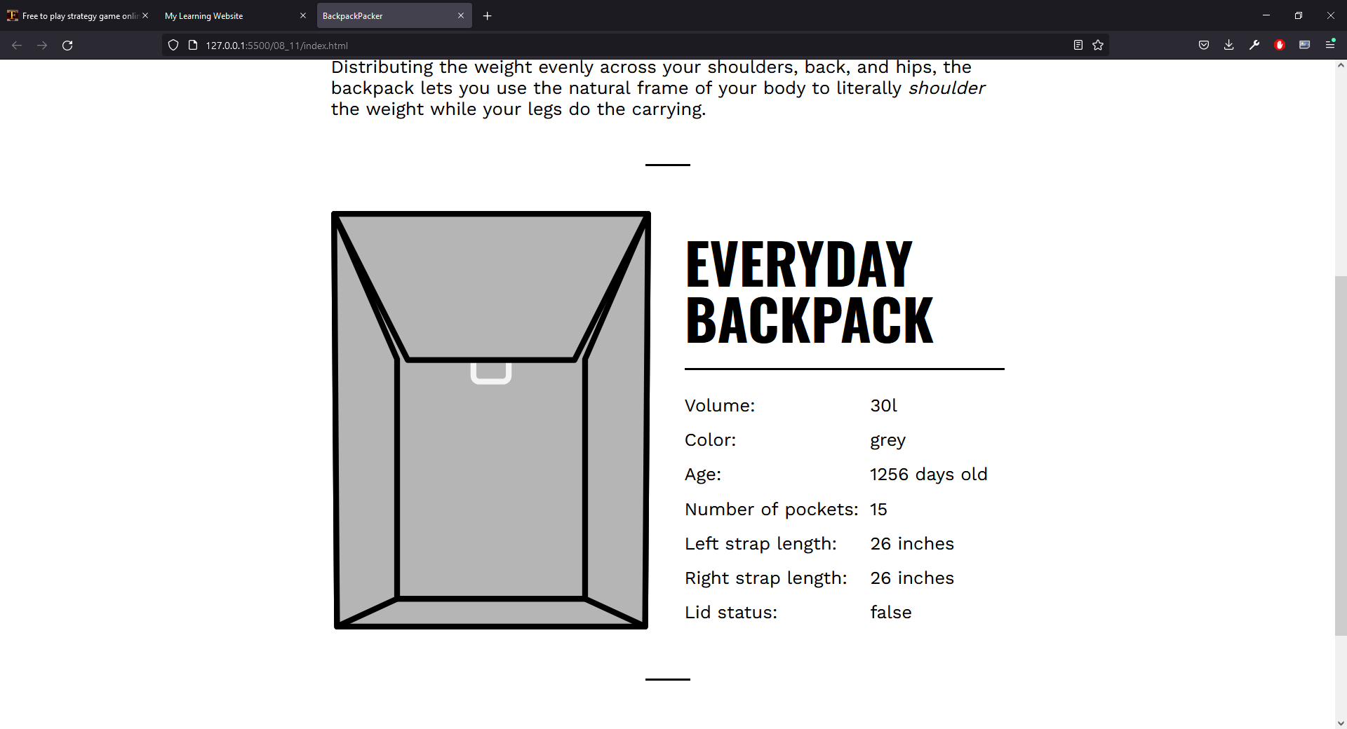 The HTML document displaying our backpack object.