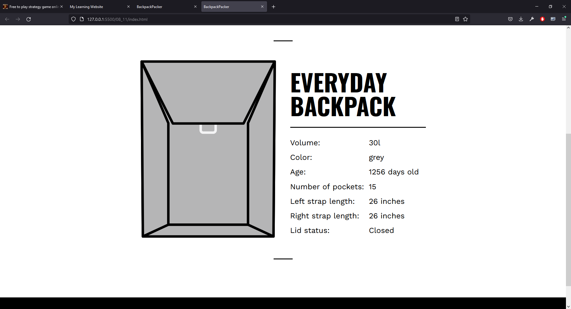 The HTML document displaying our backpack object with the lid shown as being closed.