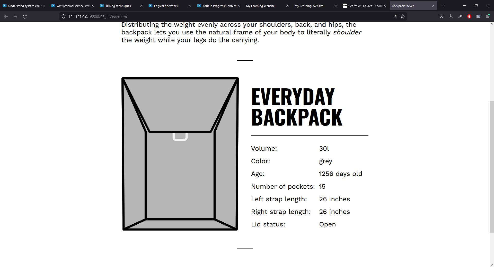 The HTML document displaying our backpack object with the lid shown as being open.