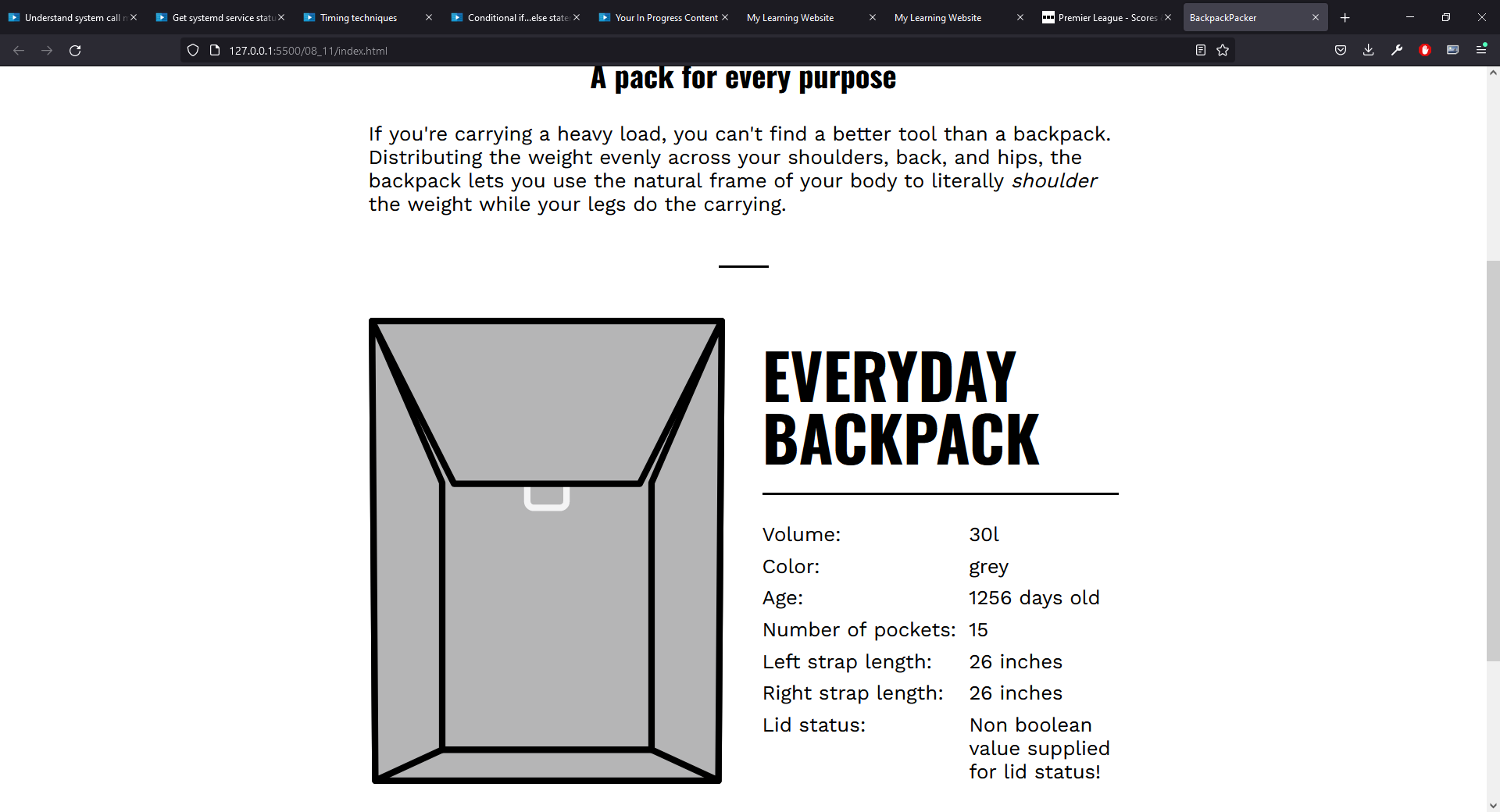 The HTML document displaying our backpack object with the lid shown as being undefined.