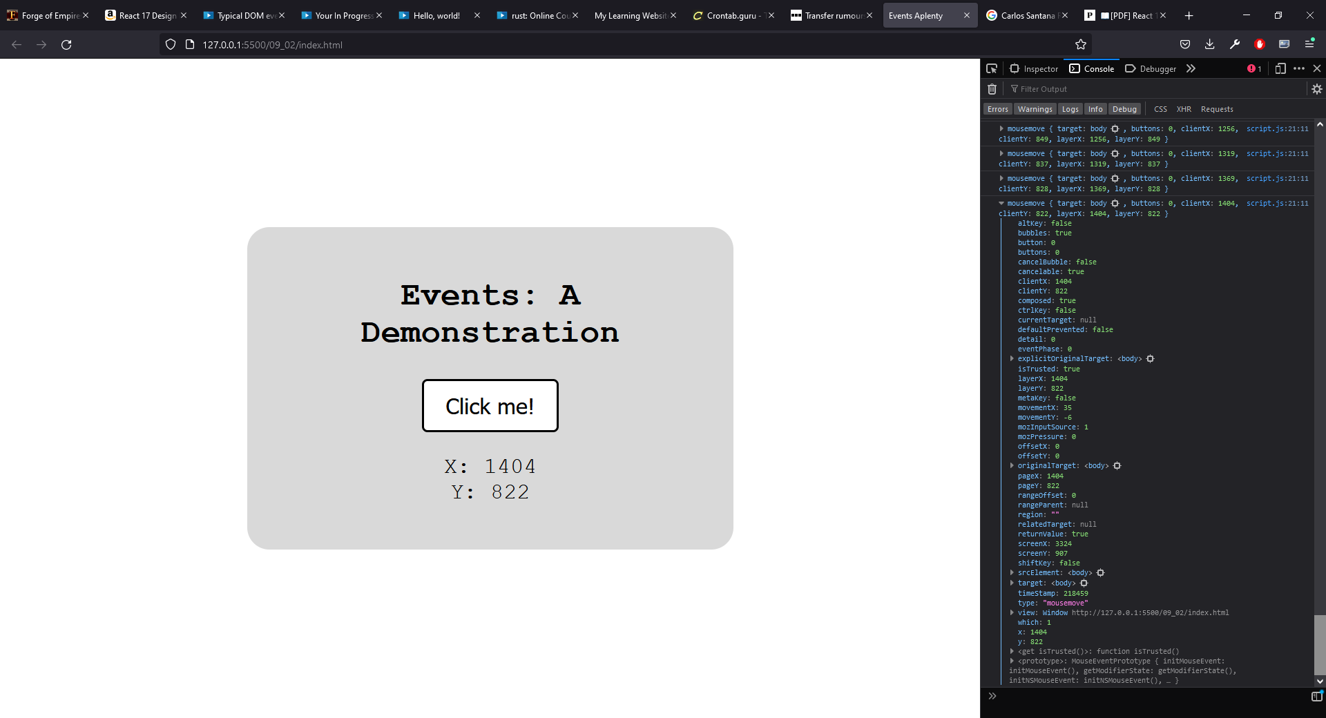 The browser window displaying the app and the console