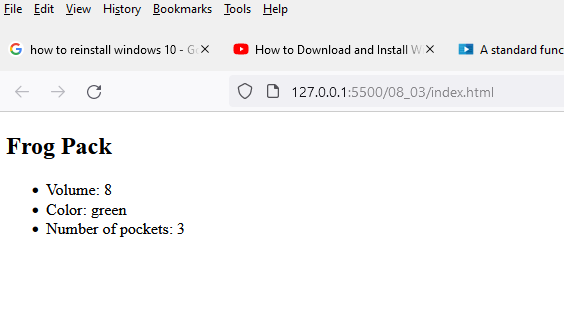 The HTML page displaying the green pack object