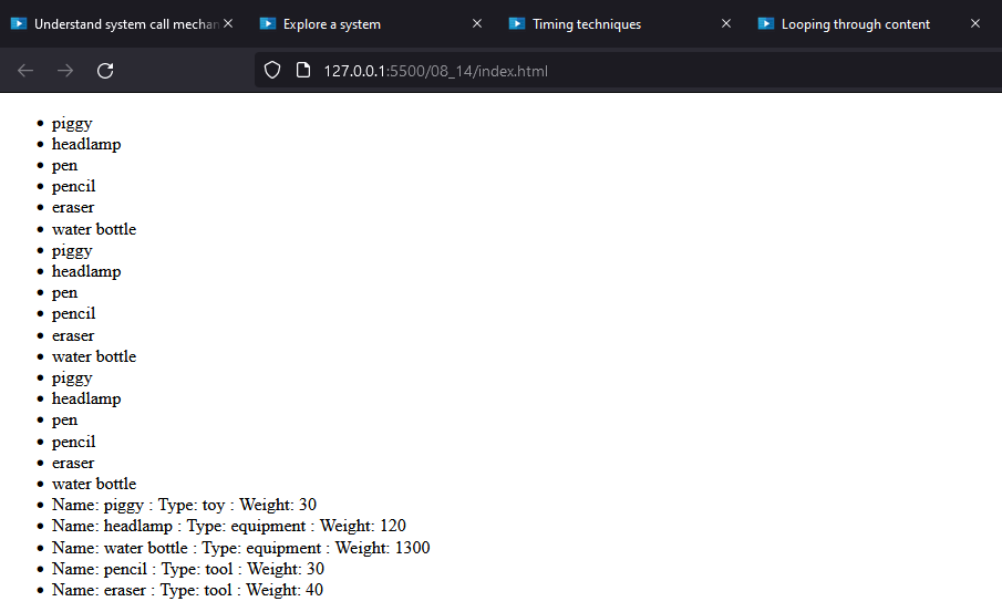 The output we get from running the code with our examples of different types of for loop