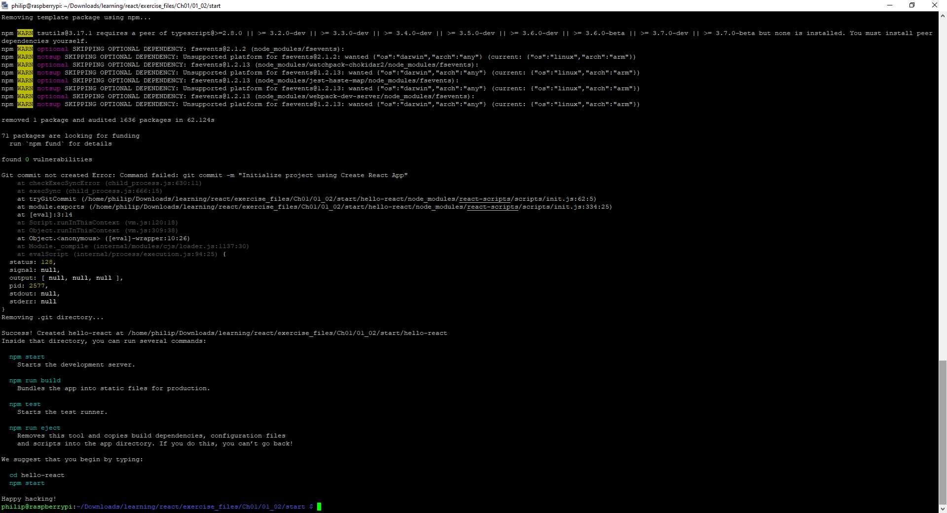 Figure 2 - the output from the command npx create-react-app hello-react --use-npm