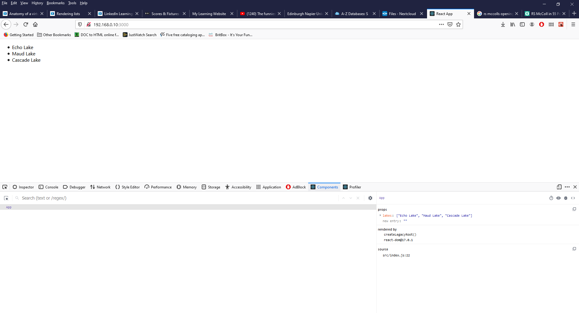 Figure 44 - the unordered list of lakes displayed in a browser