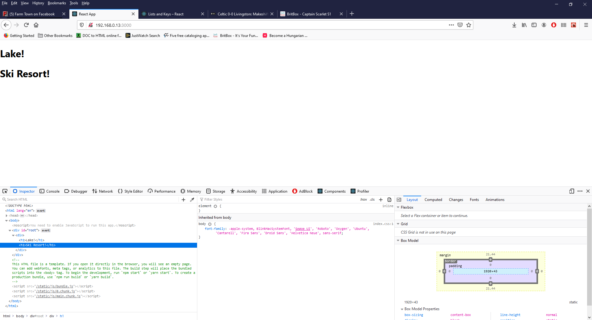 Figure 64 - the output in the browser with both elements rendered and inspecting one of the elements (see bottom left)