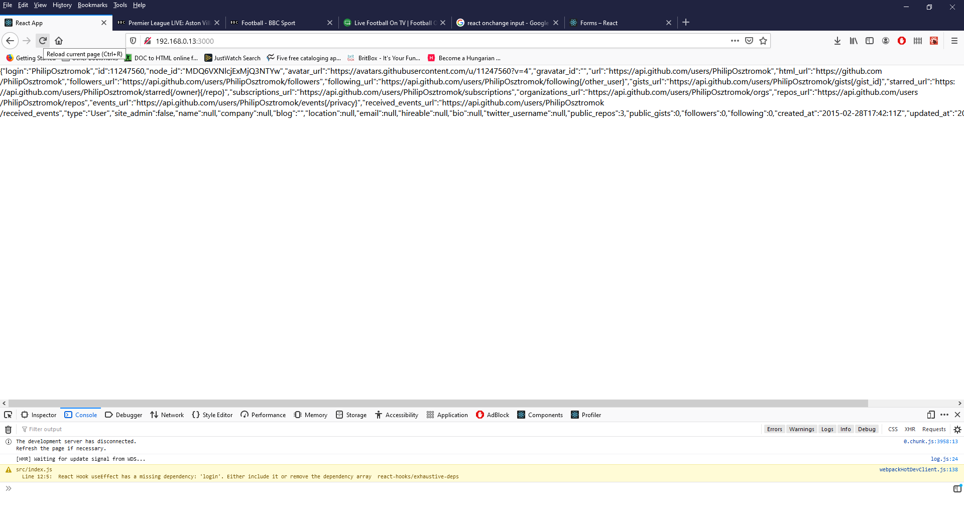 Figure 83 - a browser displaying the GitHubUser component (in the form of stringified JSON data)