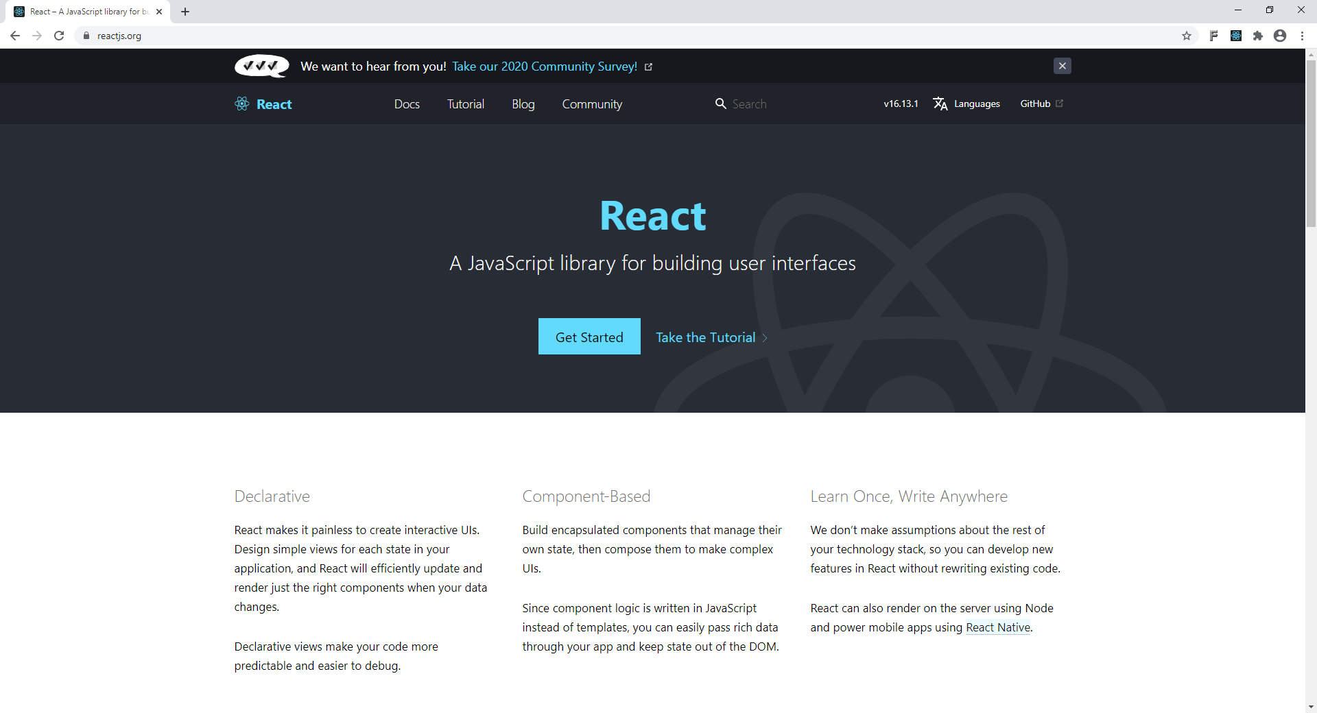 Figure 14 - the React home page with the React Developer Tools icon highlighted on the extensions toolbar