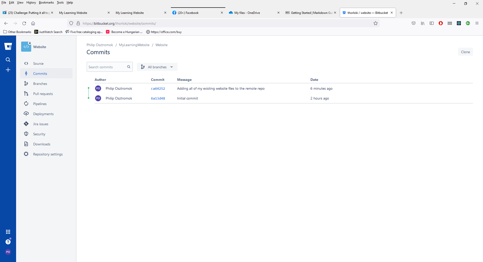 The list of commits for the project, MyLearningWebsite