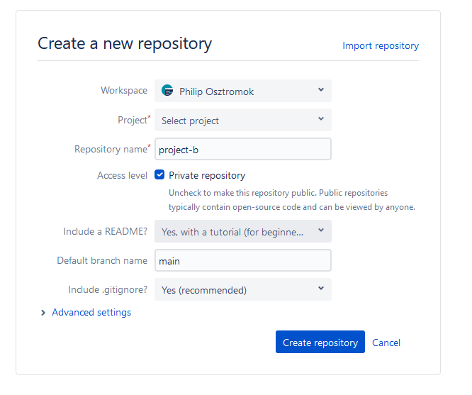 The box that appears when you create a respository in BitBucket