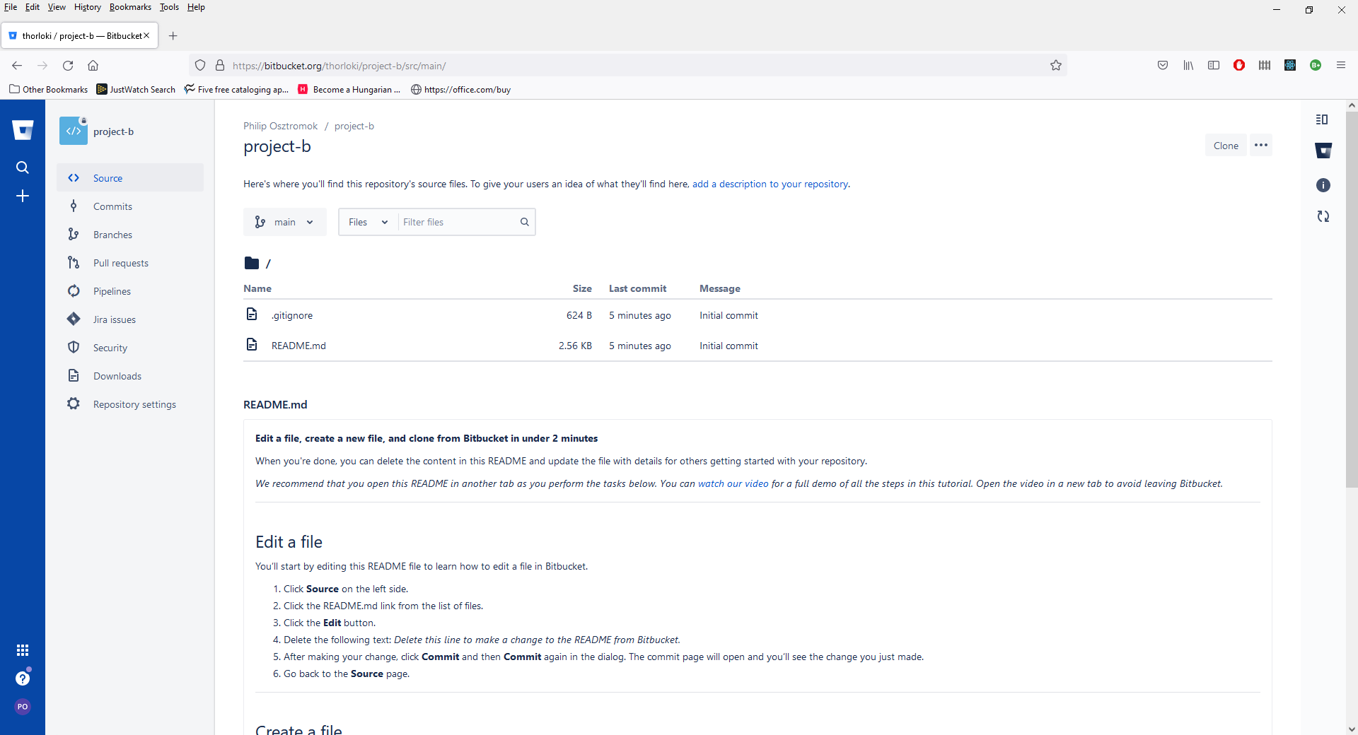 The BitBucket home page for project-b